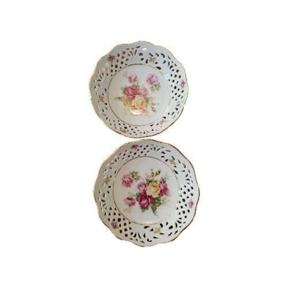 Schumann Arzberg Germany Rose Pierced Reticulated Scalloped 5" Bowls Set of 2